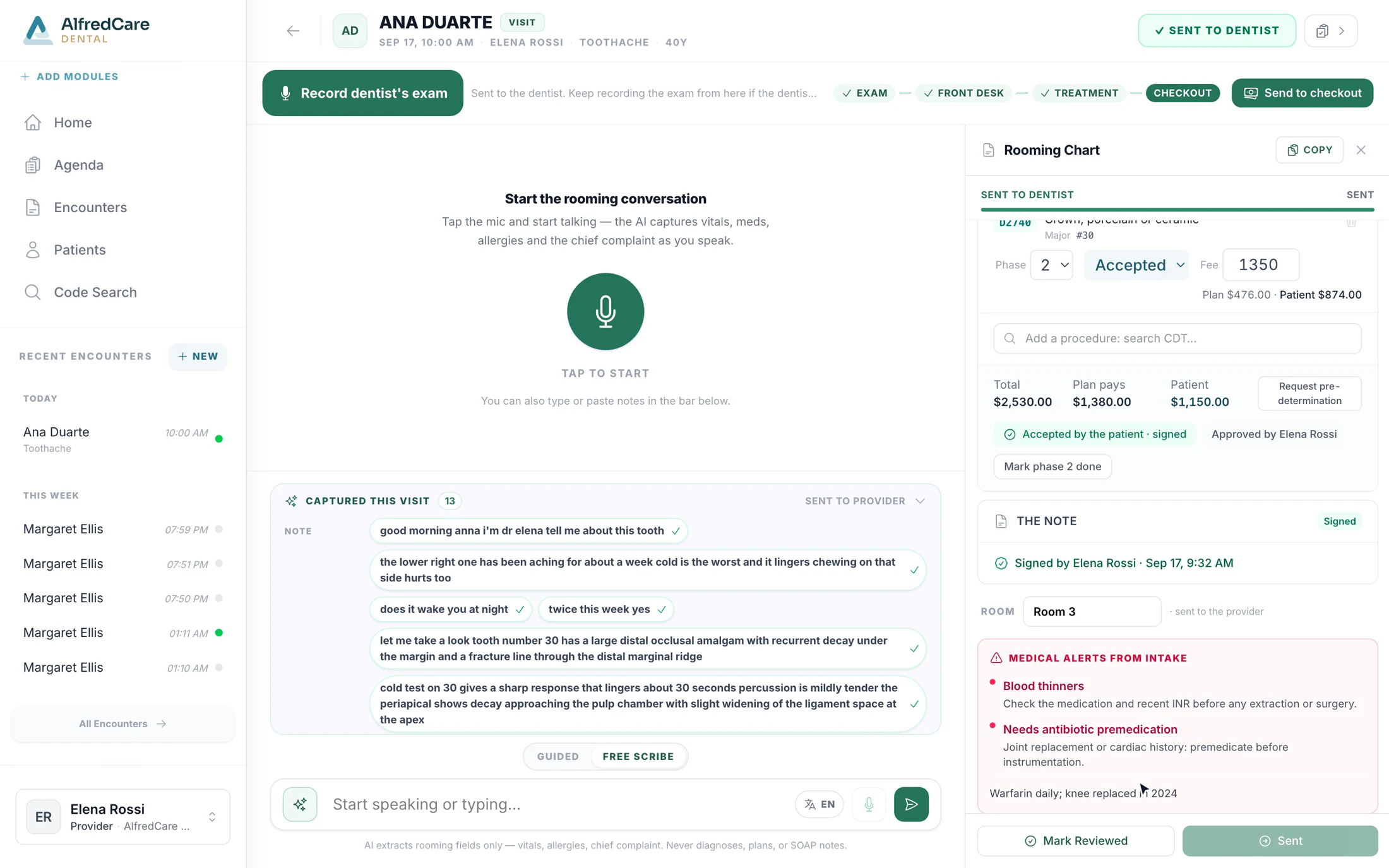 AlfredCare Dental visit screen with the rooming conversation, treatment plan and signed note