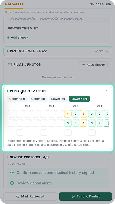 Seating screen with alerts, perio chart and seating protocol