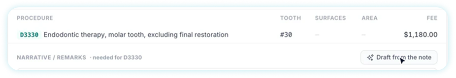 Claim line with procedure, tooth, surfaces, area and the narrative drafted from the note